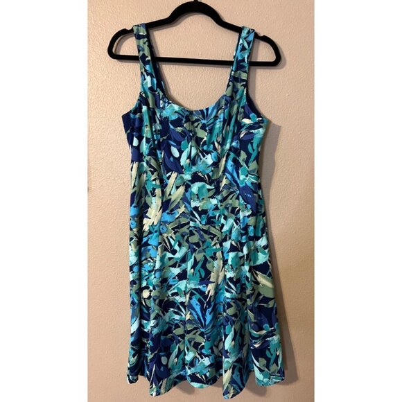 Connected Dress Blue Green 12 A Line Scoop Flowy Sleeveless Tropical Washable - Picture 5 of 5